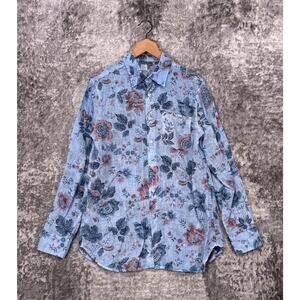 120% Lino Shirt Medium Mens Classic Fit Beautiful Floral Blue Linen Long Sleeve